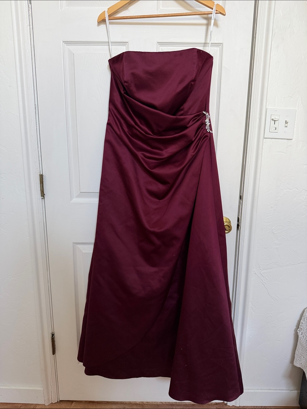 David’s Bridal Strapless Burgundy Formal Bridemaid Gown with Jeweled Side Detail